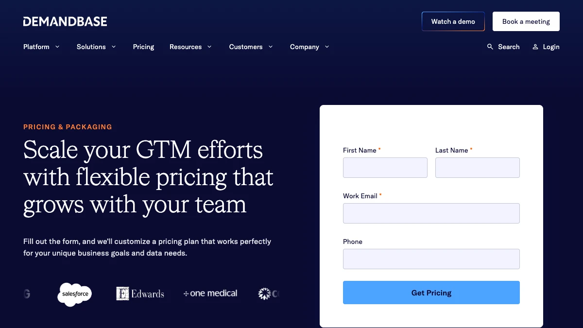 Demandbase Pricing and Packaging page, September 2026 — custom quotes via request form