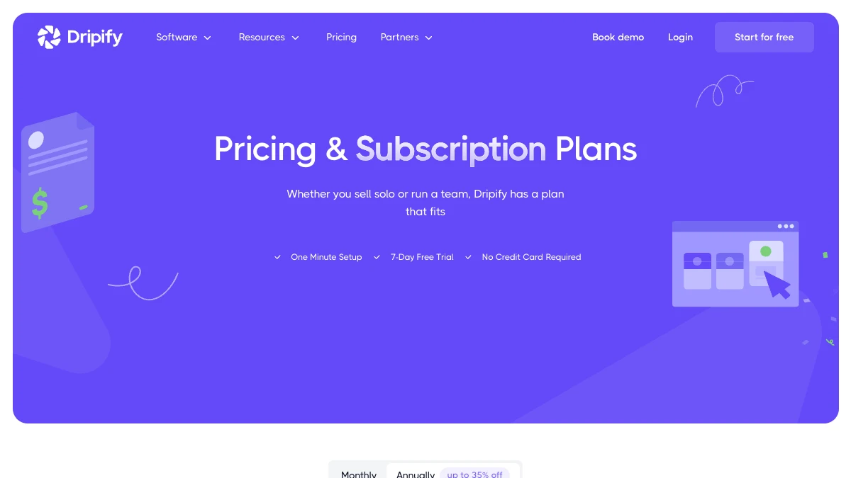Dripify pricing page, September 2026, with monthly and annual billing toggle