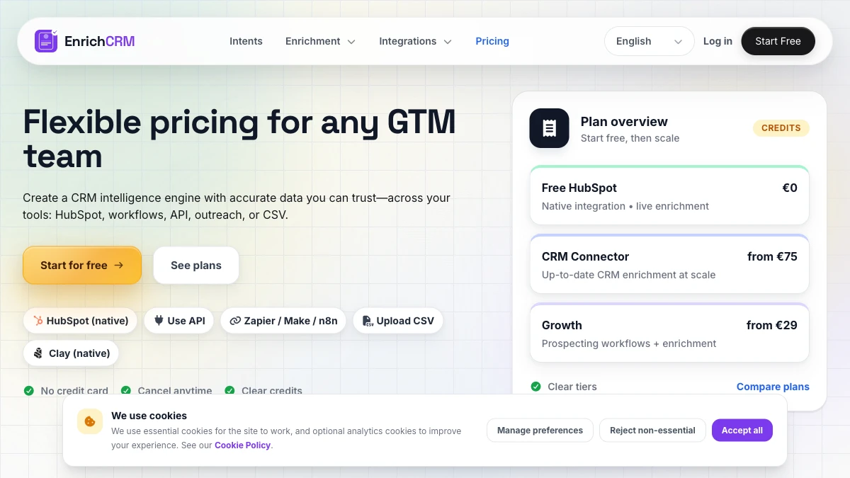 Enrich-CRM pricing page showing Free, Growth from €29/mo, and CRM Connector from €75/mo tiers — Enrich-CRM review 2026