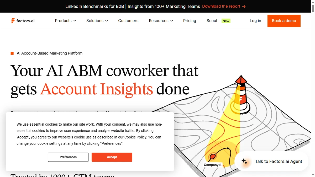 Factors.ai homepage showing account intelligence platform with website de-anonymization and multi-touch attribution
