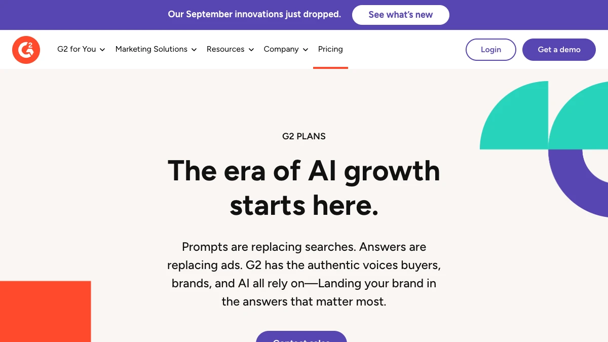 G2 plans page for sellers, September 2026 — Buyer Intent is sold through sales-led plans