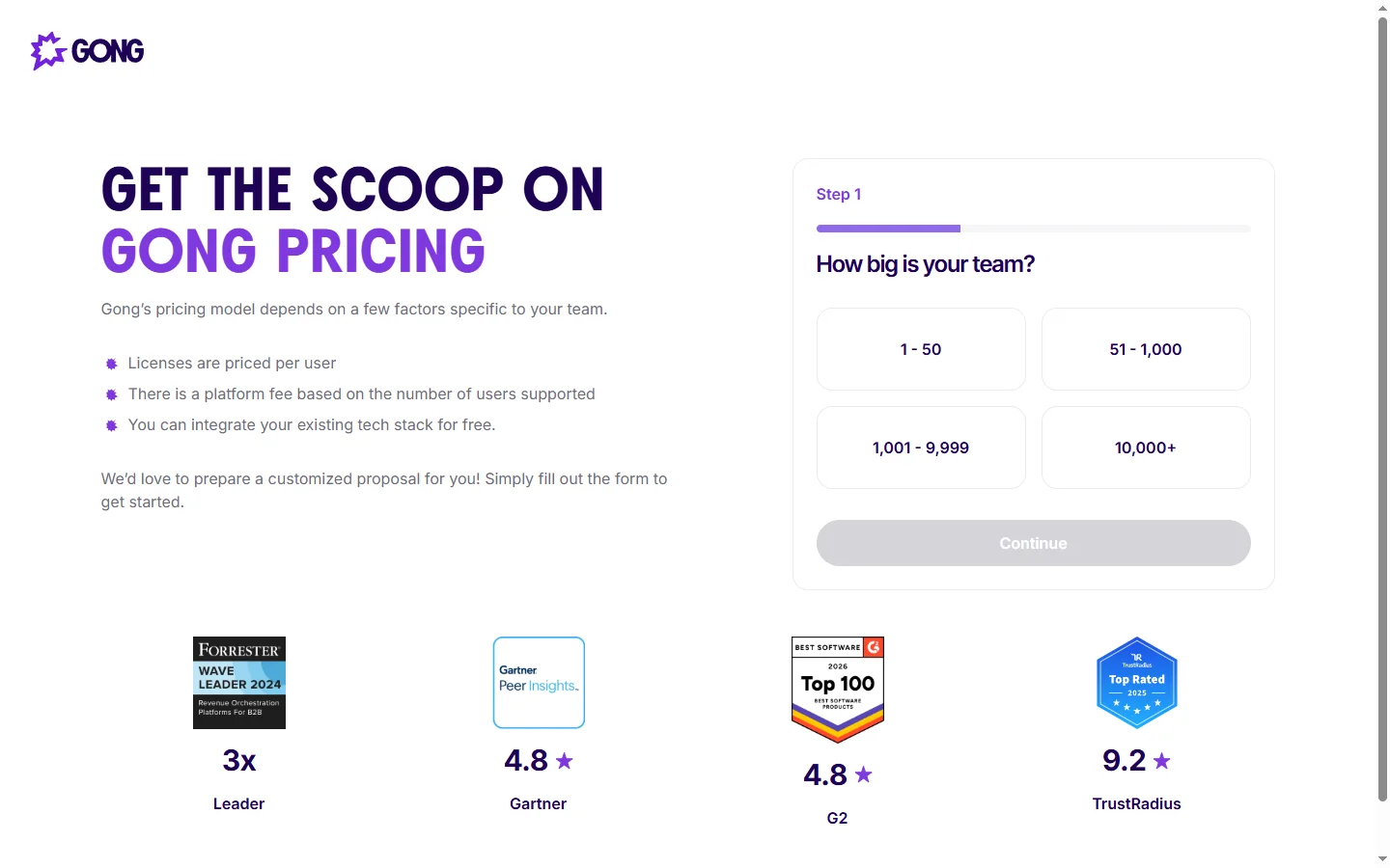 Gong Revenue AI pricing page showing enterprise plan options