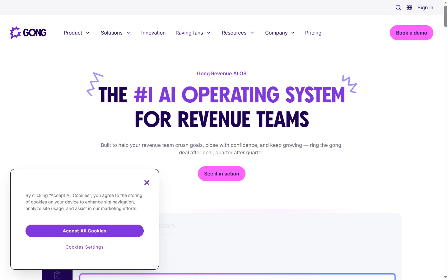 Gong Revenue AI platform homepage showing conversation intelligence and deal analytics features