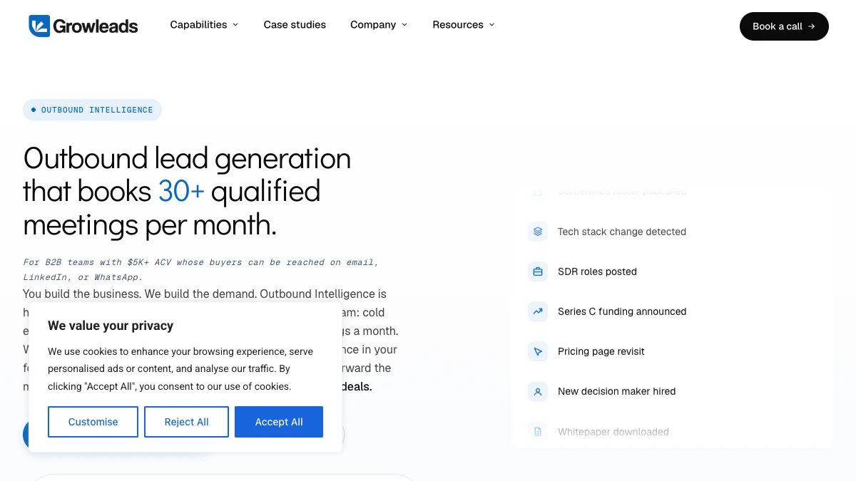 Growleads outbound intelligence service page showing the 90-day minimum commitment and five-stage engagement process — Growleads review 2026