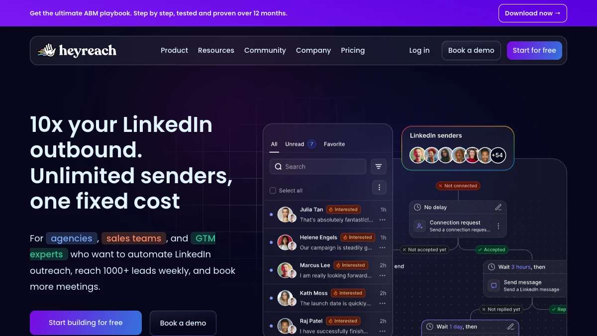 HeyReach homepage, September 2026 — unlimited LinkedIn senders at one fixed cost