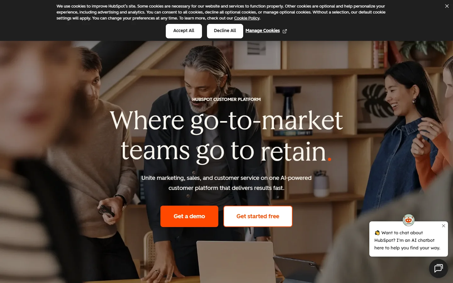 HubSpot homepage — all-in-one CRM with Marketing and Sales Hubs