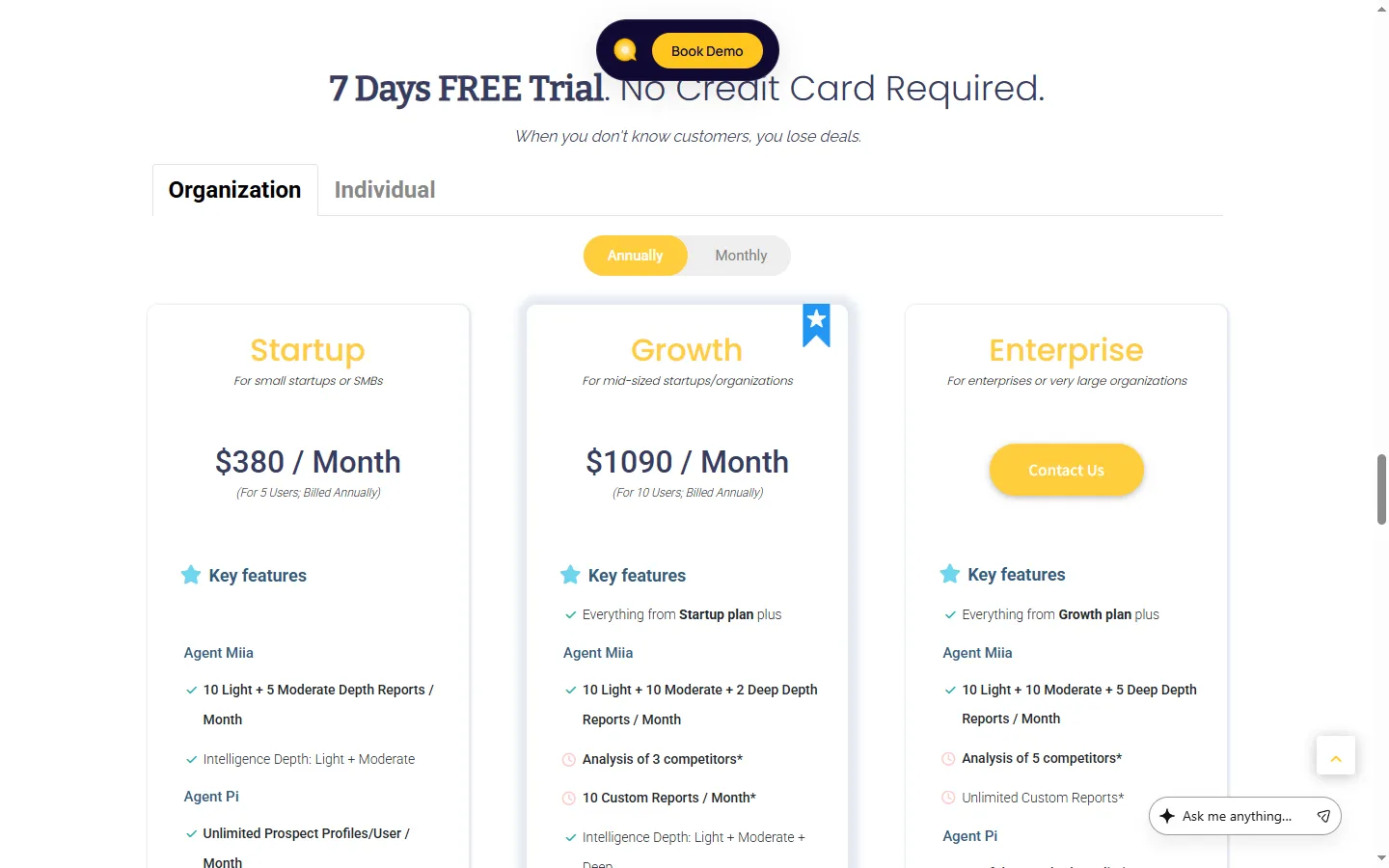 Humantic AI pricing page showing Startup, Growth, and Enterprise plans with per-profile fees