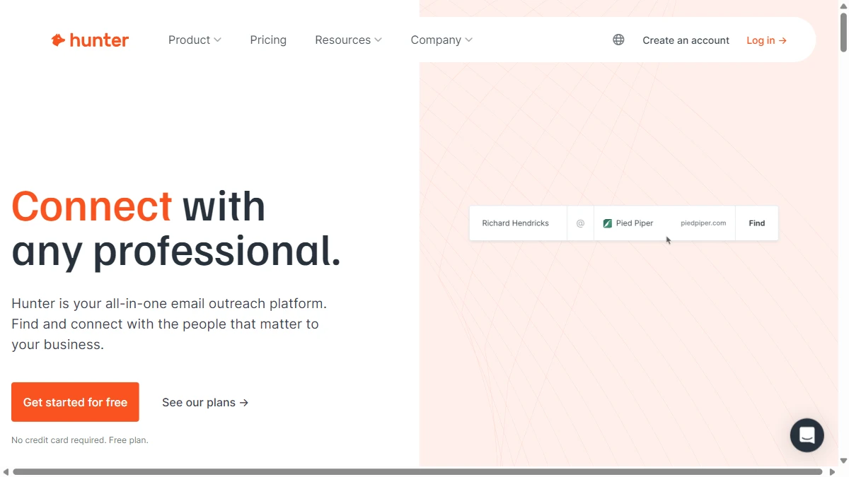 Hunter.io homepage — email finder and verification tool for B2B prospecting