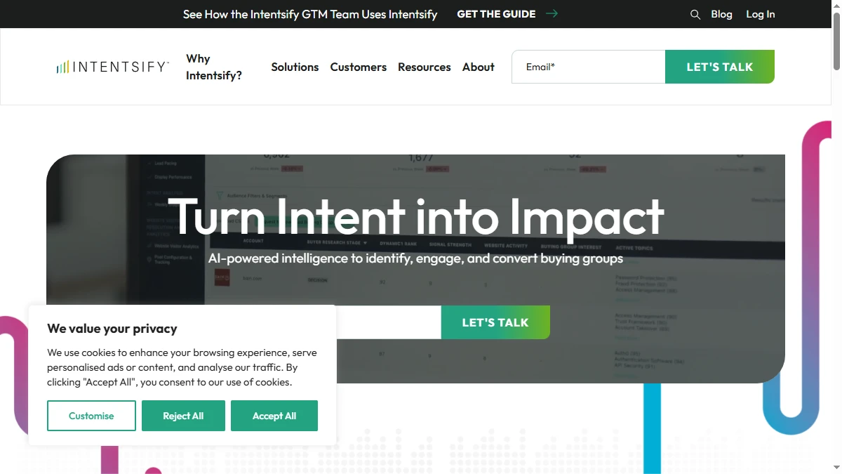 Intentsify homepage showing multi-source B2B intent data platform with buying committee signals