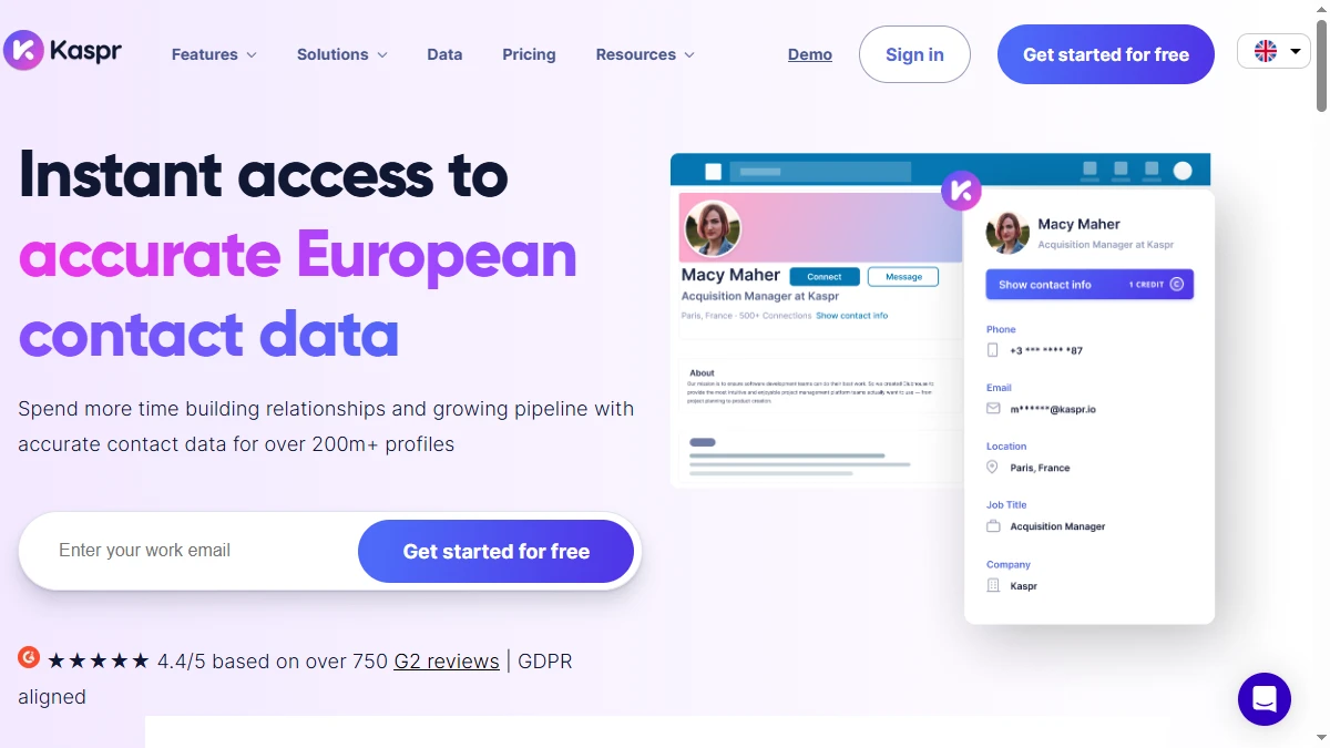 Kaspr homepage — LinkedIn-native B2B contact enrichment with European coverage