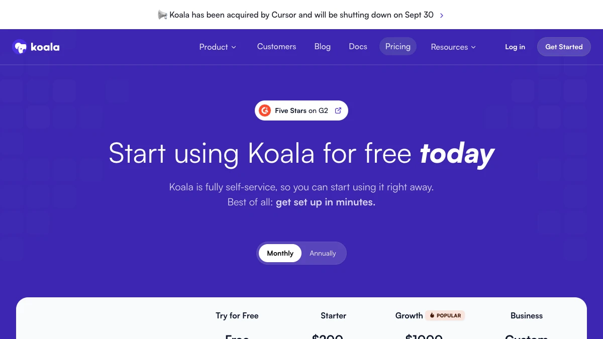 Koala pricing page, September 2026 — Free, Starter, Growth, and Business plans