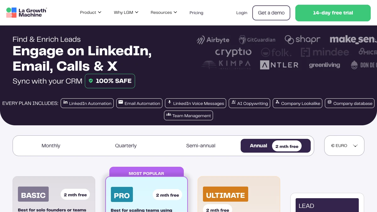 La Growth Machine pricing page, September 2026 — Basic, Pro, and Ultimate plans in EUR with annual billing