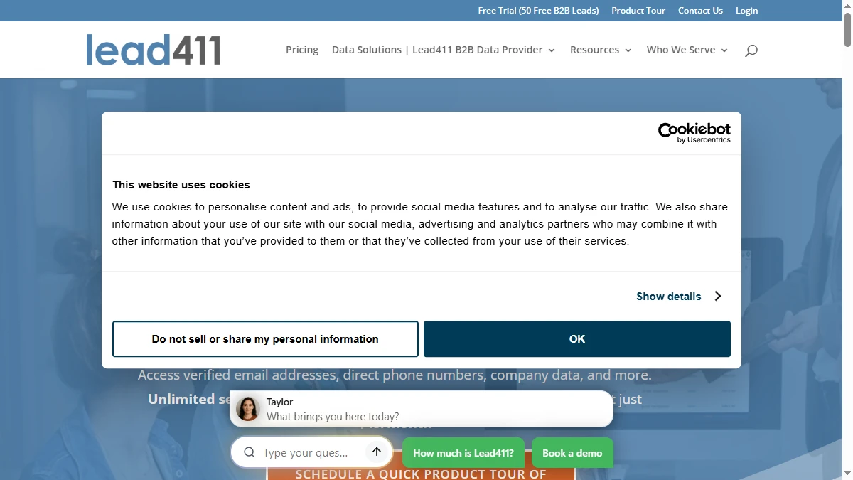 Lead411 homepage — B2B contact database with Bombora intent data and email verification