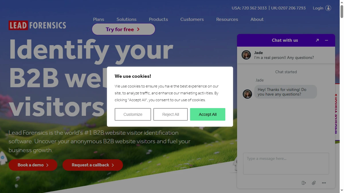 Lead Forensics homepage showing IP-based B2B website visitor identification and lead generation