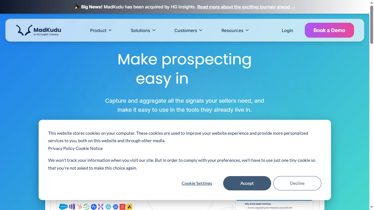 MadKudu homepage showing predictive lead scoring platform with ML-powered conversion models