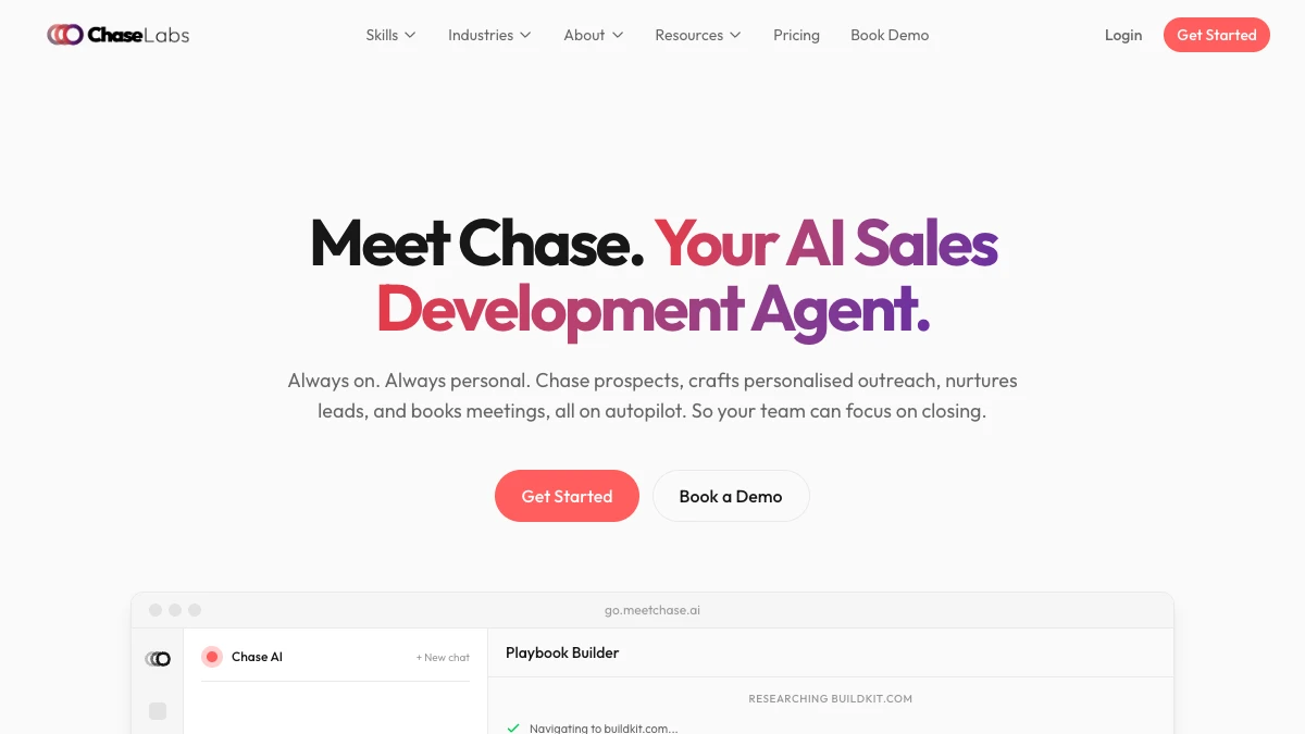 Chase by ChaseLabs (MeetChase) homepage, September 2026 — AI sales development agent