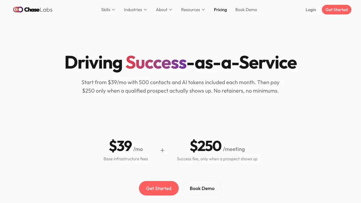 MeetChase pricing page, September 2026 — $39/mo base plus $250 per attended meeting