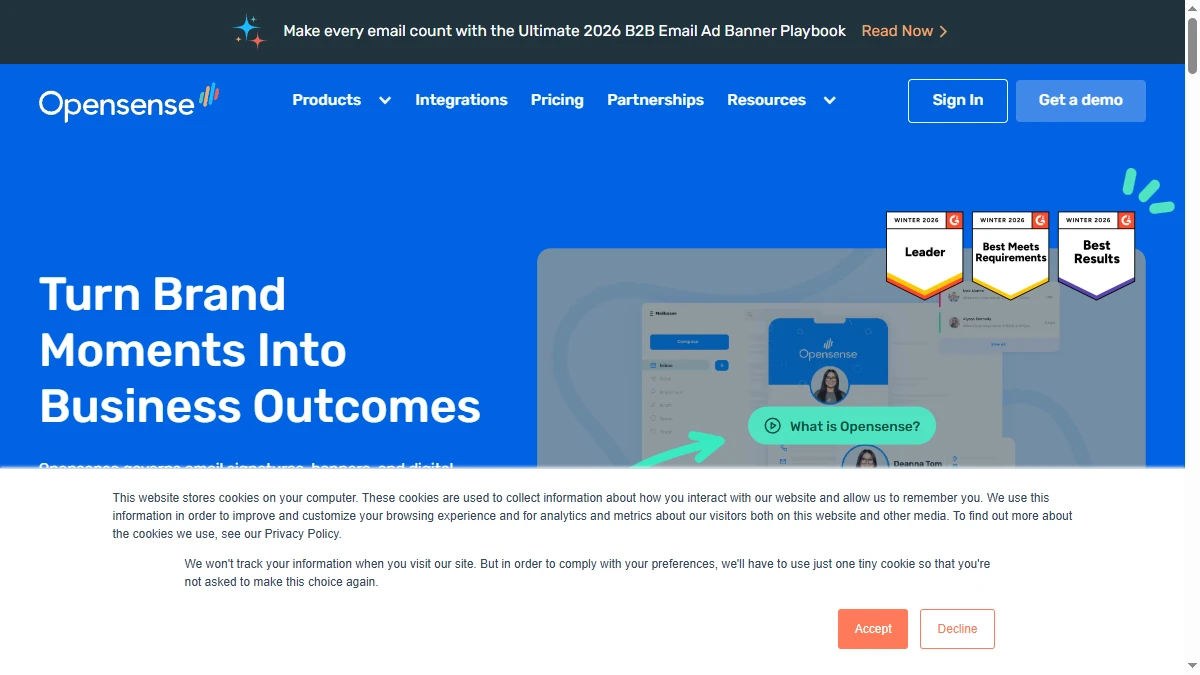 Opensense homepage showing email signature marketing platform with dynamic banner campaigns
