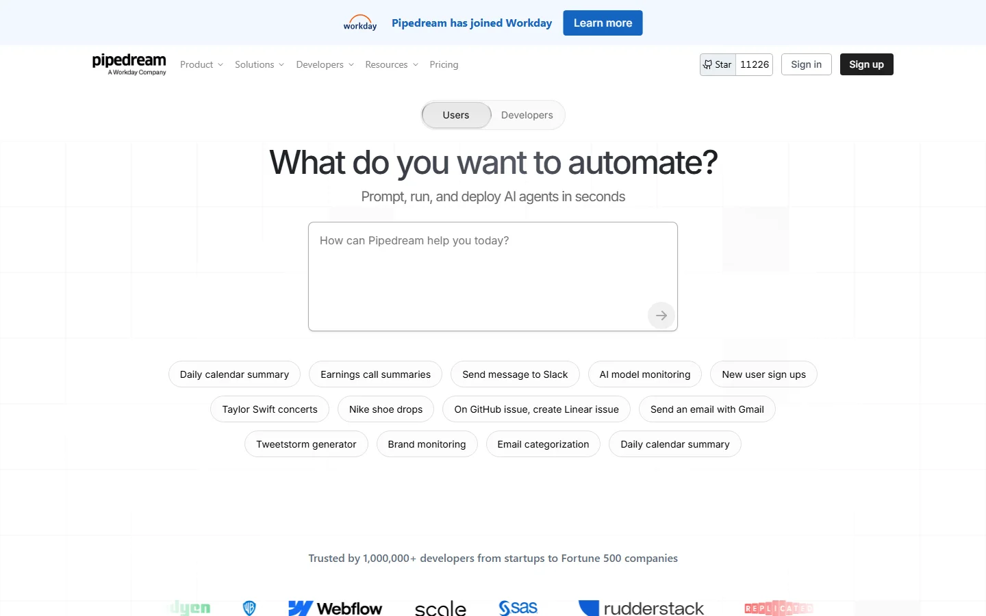 Pipedream homepage — developer-first API automation platform