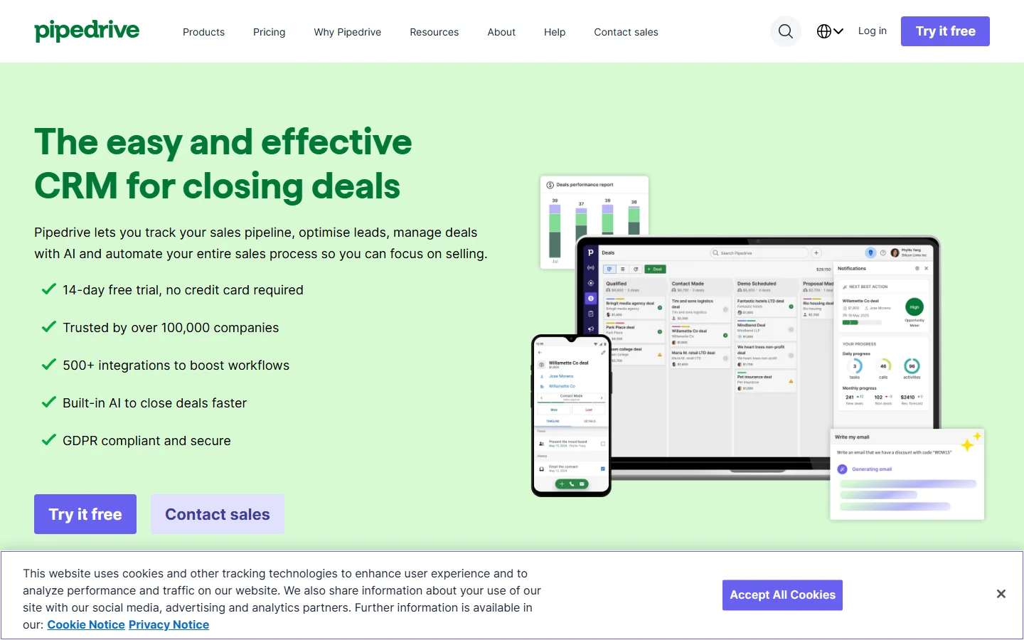 Pipedrive homepage — sales-first CRM with visual pipeline management
