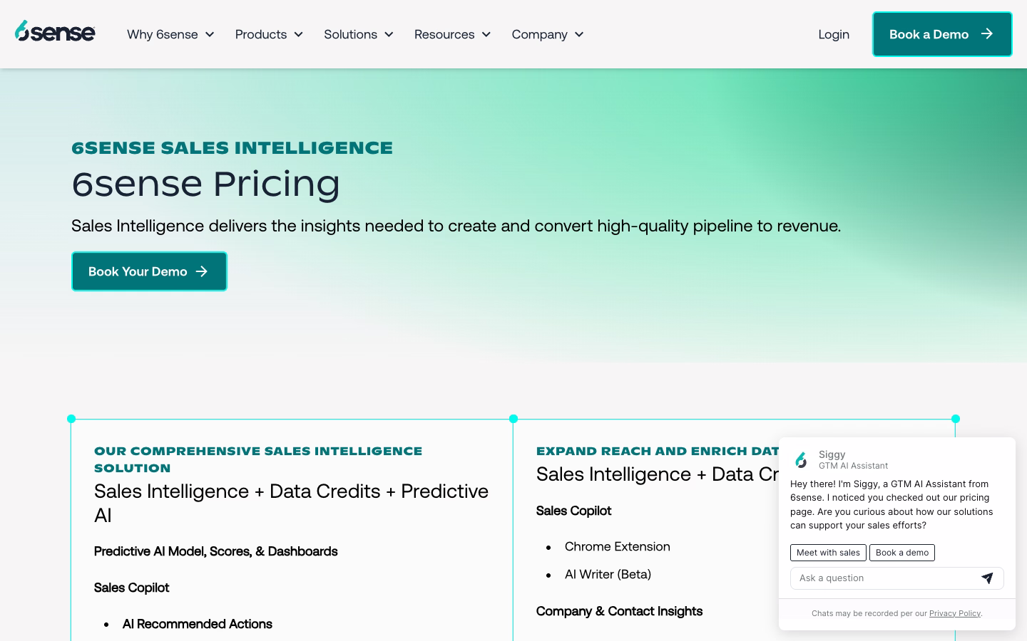 6sense pricing page showing demo-gated Sales Intelligence packages with no published prices — Slintel review 2026 pricing analysis