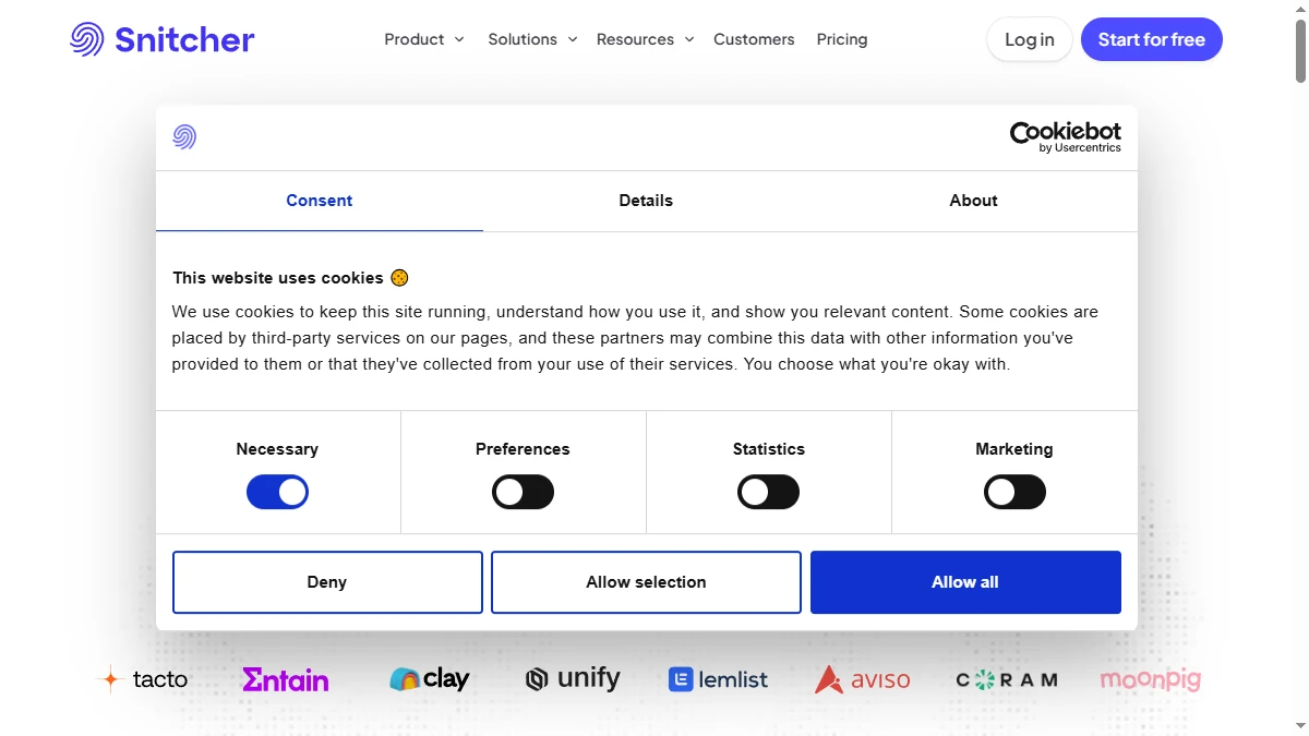 Snitcher homepage showing website visitor identification with Google Analytics integration