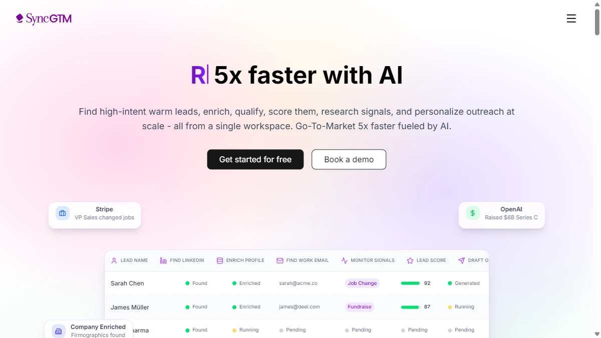 SyncGTM homepage — waterfall enrichment platform replacing Seamless.AI