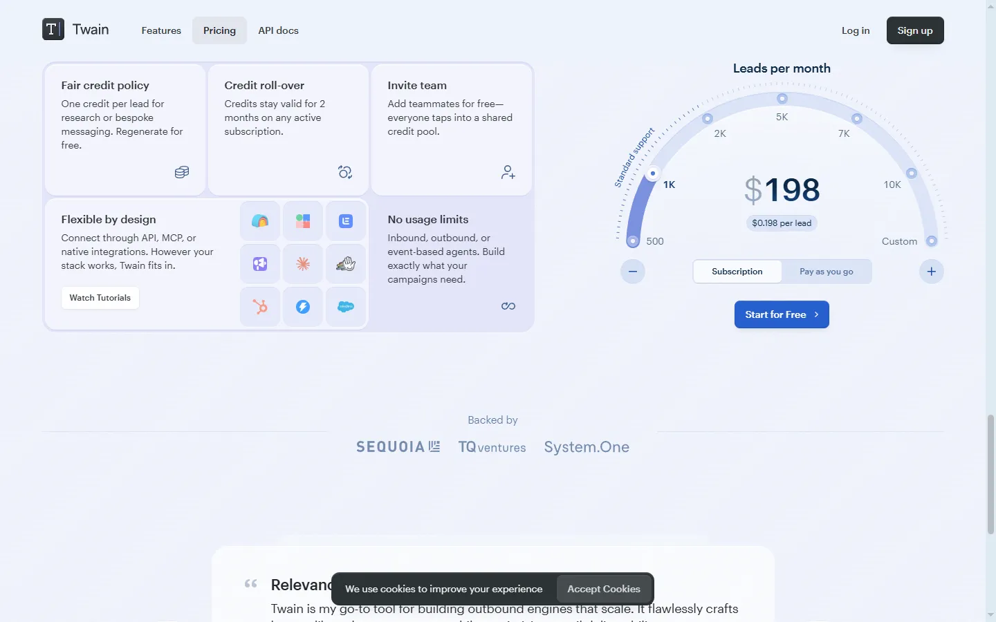 Twain AI pricing page showing credit-based pricing at $198 per month for 1K leads with subscription and pay-as-you-go options