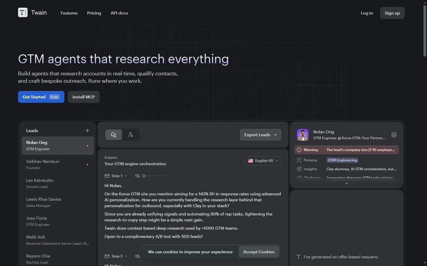 Twain AI platform interface showing GTM research agents, lead qualification, and AI-powered outreach sequence generation
