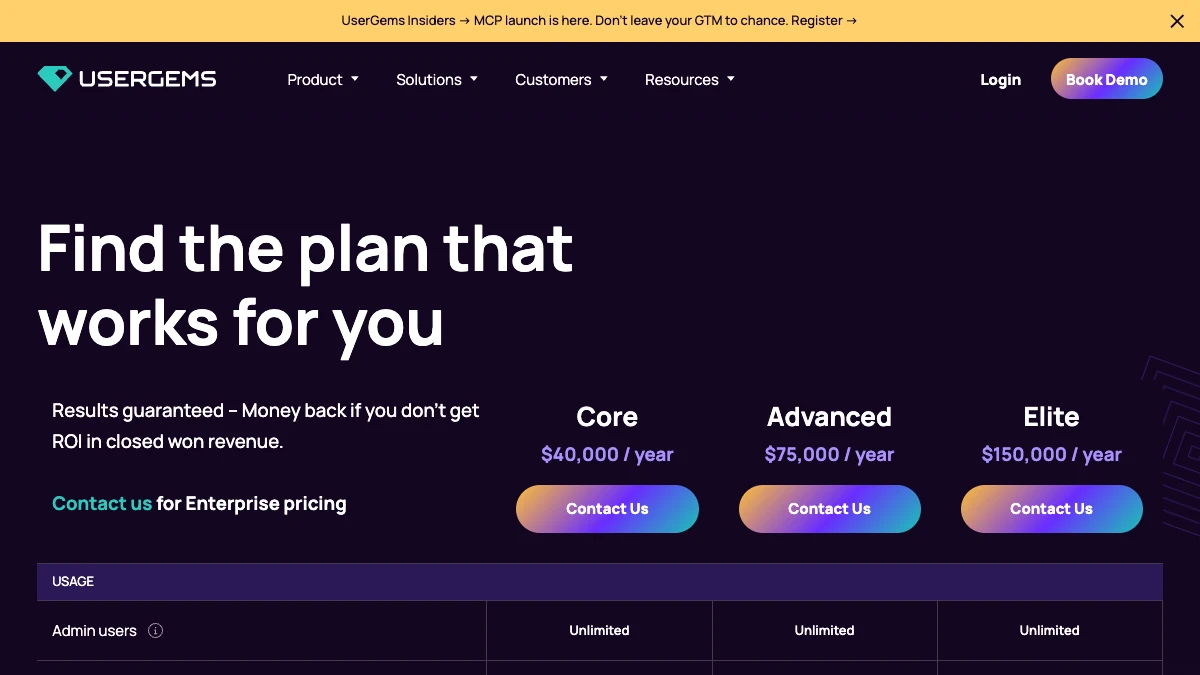 UserGems pricing page, September 2026 — Core, Advanced, and Elite annual plans