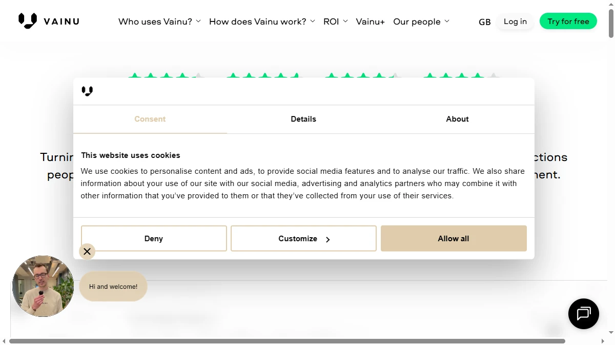 Vainu homepage showing Nordic and European B2B company database with real-time firmographic data