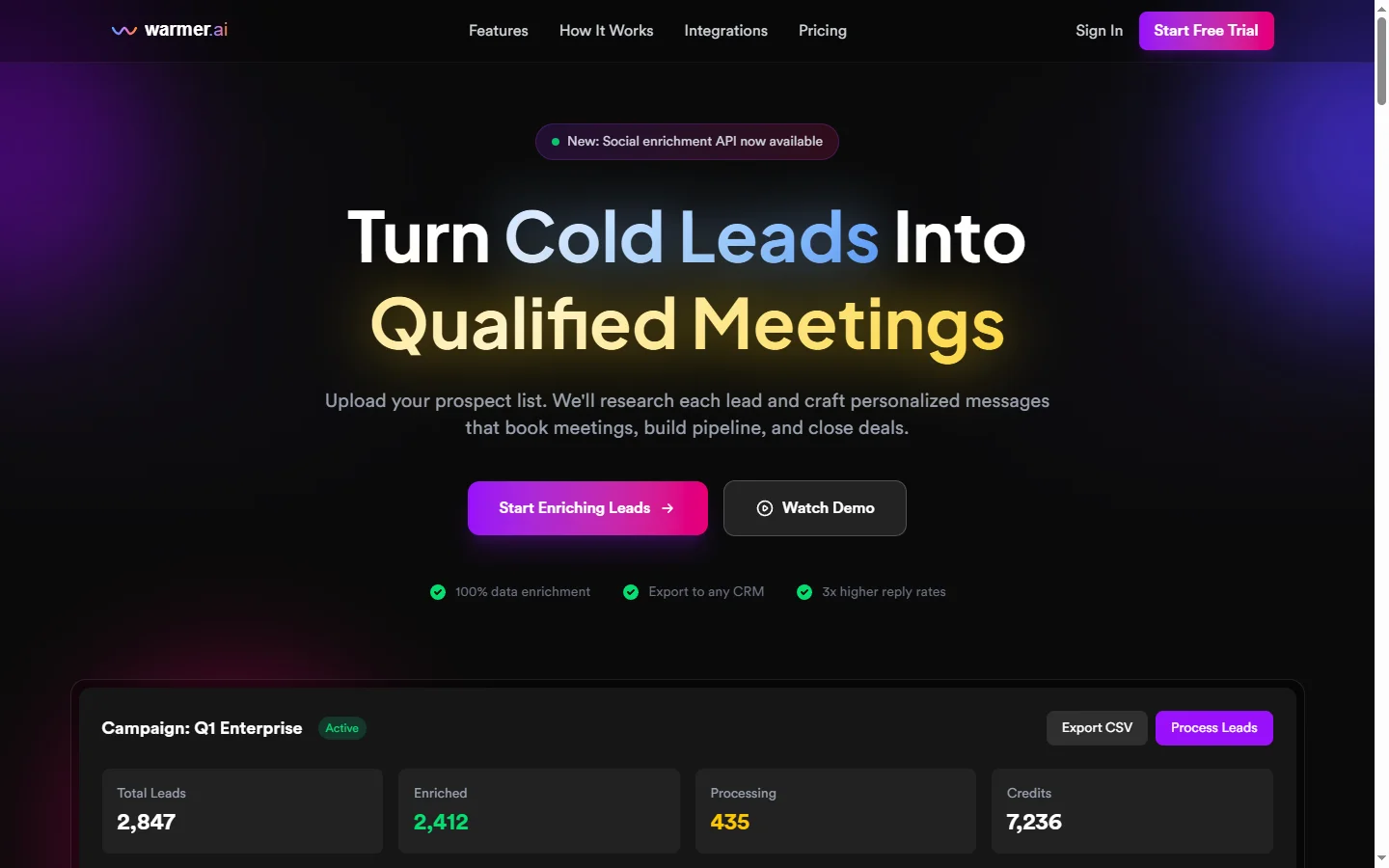 Warmer.ai homepage showing AI-powered B2B sales enrichment platform that turns cold leads into qualified meetings