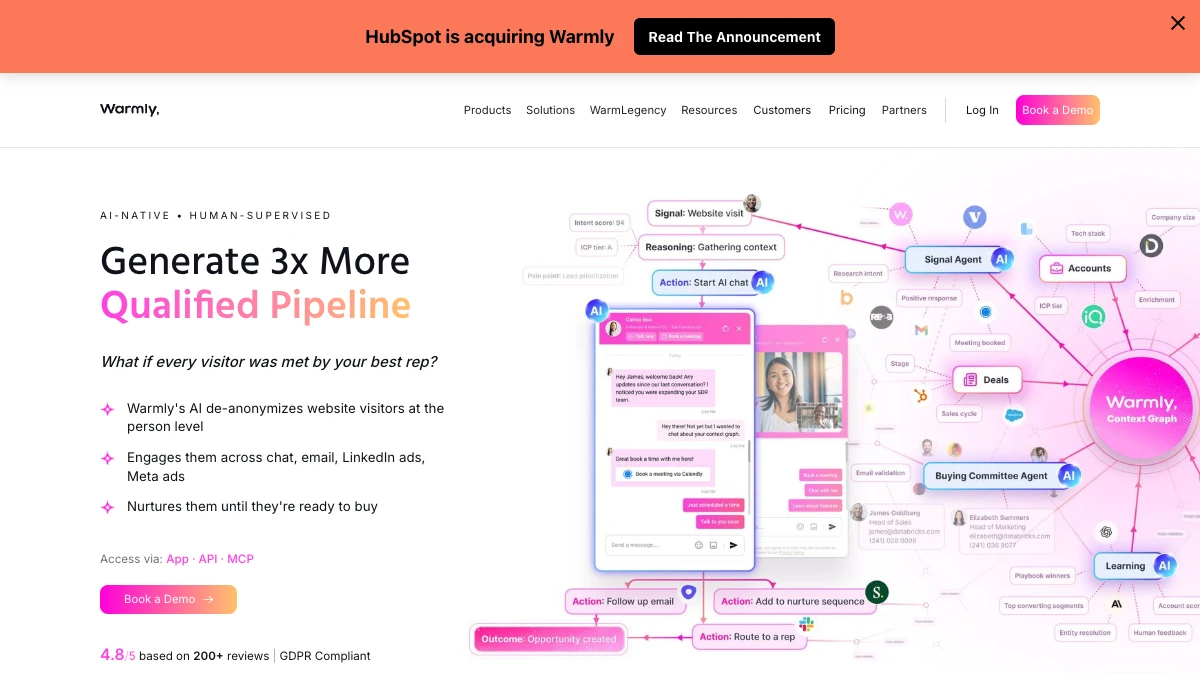 Warmly homepage, September 2026, with its HubSpot acquisition announcement banner