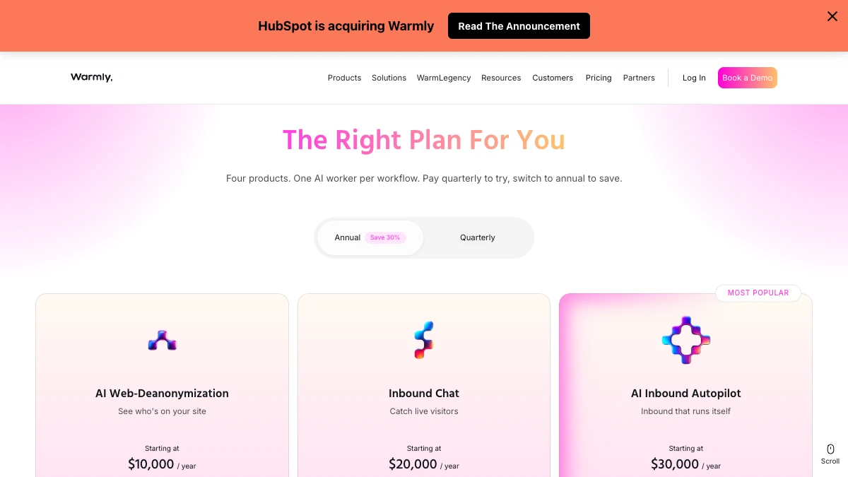 Warmly pricing page, September 2026 — annual plans from $10k per year