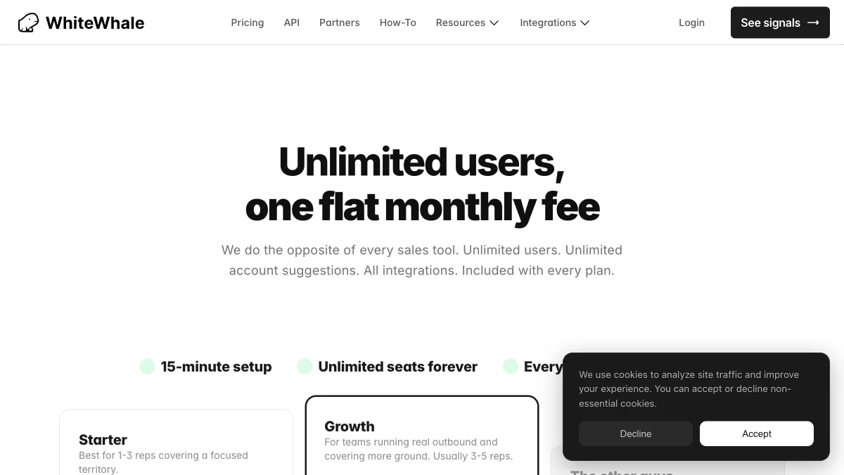 WhiteWhale pricing page showing Starter at $200/mo and Growth at $500/mo, unlimited seats on both tiers — WhiteWhale review 2026
