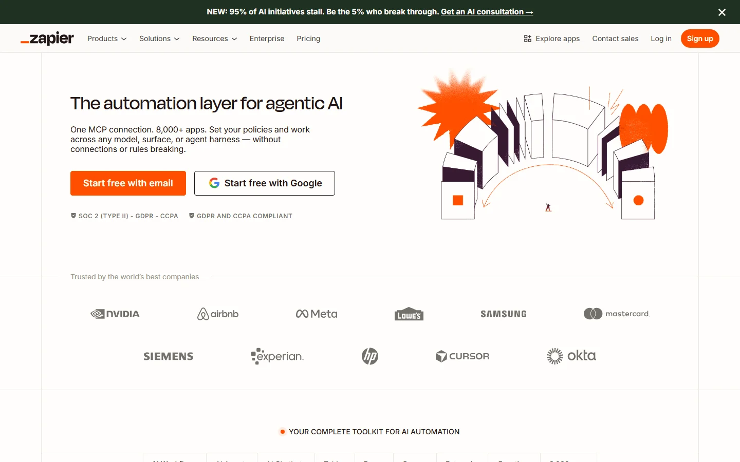 Zapier homepage — no-code automation platform with 8500+ integrations
